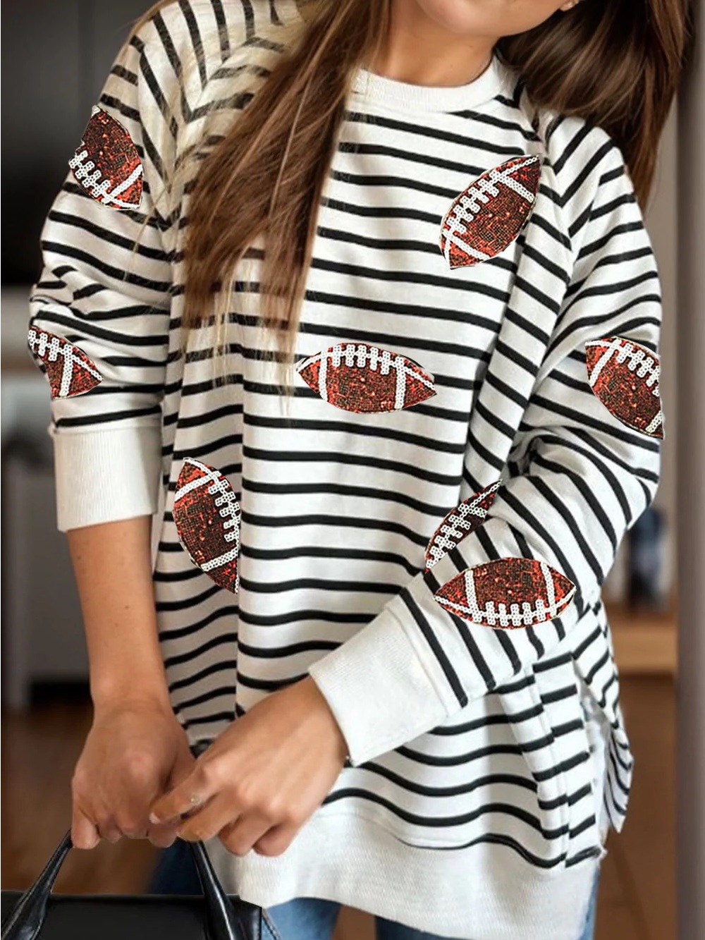 Sequin Football Striped Raglan Sweatshirt Game Day Crewneck Gameday
Top